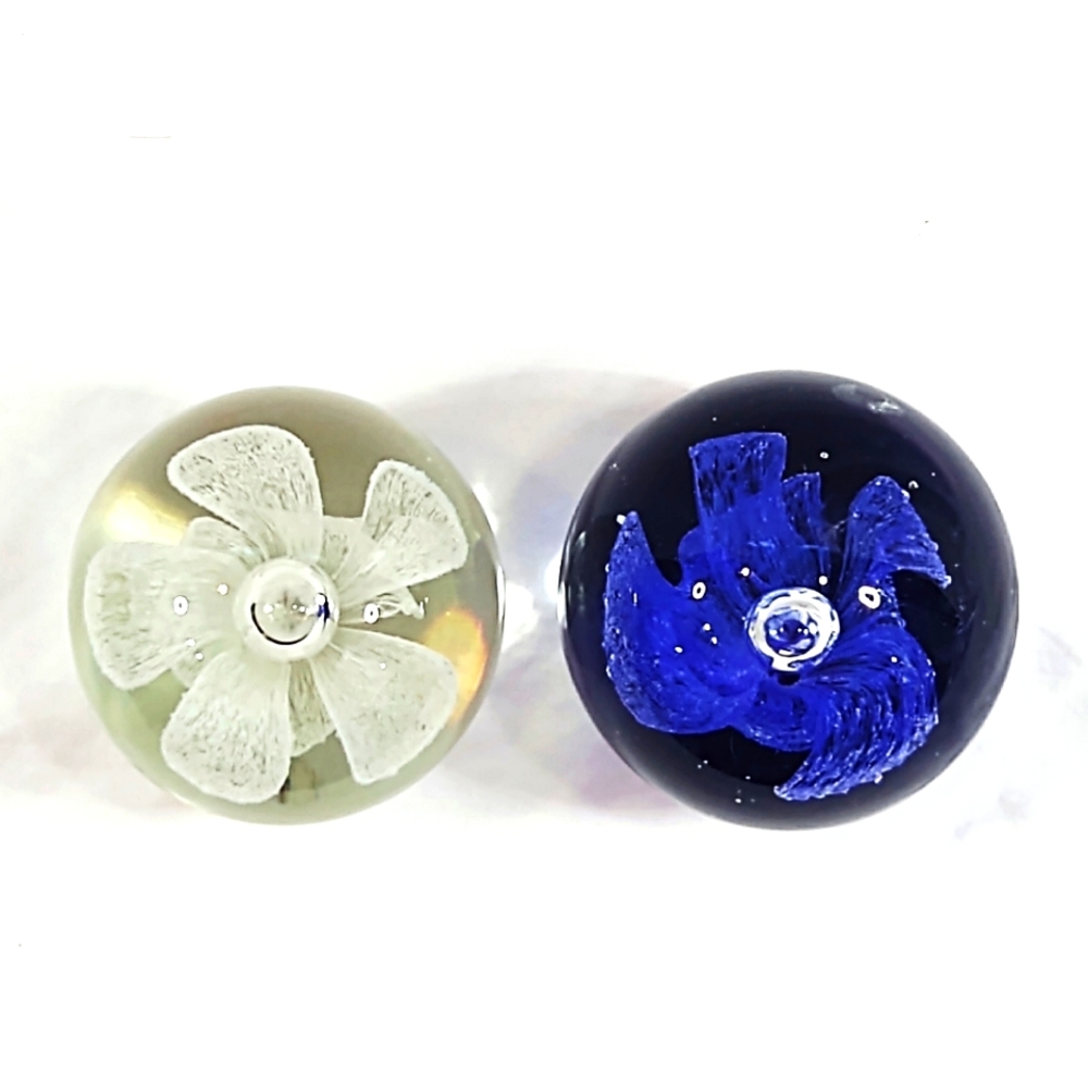 Vintage Set! 1 Blue & 1 White Hand-Blown Glass Floating Flower Paperweights